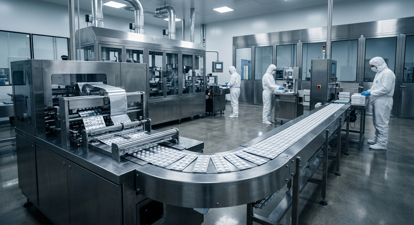 Modern pharmaceutical manufacturing and medicine packaging line in India
